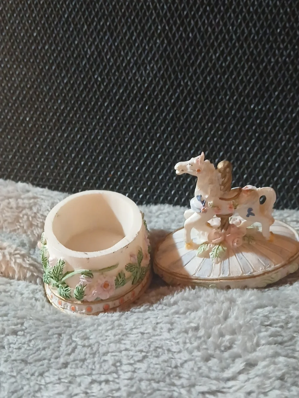 Vintage Porcelain Carousel Horse Trinket Box - Pastel Floral